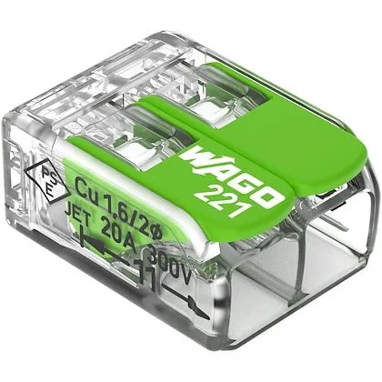 Borne WAGO 221 Green 2x4mm² à leviers souple & rigide
